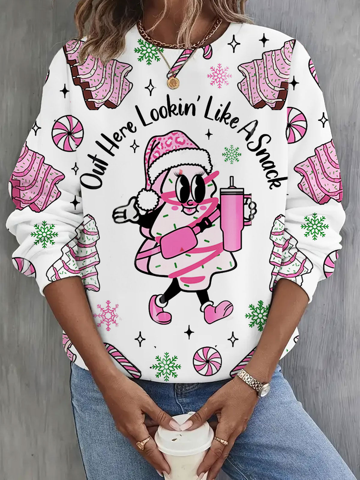 Funny Christmas Tree Cakes Print Long Sleeve Casual Top